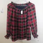 Talbots Pretty Red Green Black Plaid Lined Fun Sleeves Peasant Blouse Large Peti