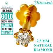 2.5mm Natural Si Diamond Solitaire Nose Lip Labret Piercing Ring Stud Screw Pin