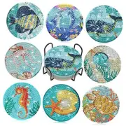 8 Pieces Diamond Art Painting Coasters Kit with Holder, Diamond Ocean Style