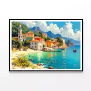 Town with Beach, Houses, Trees Print 100% Australian Made 90x60cm (Poster)