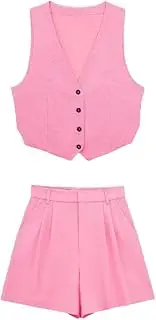 [Generic] Women 3 Piece Set V-Neck Zipper Single Breasted Sleeveless Vest Top Elegant High Waist Back Pocket Mini Shorts