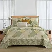 Finlonte Oversized King Bedspread 120x118 Inch - 100% Cotton Vintage Floral Quilted Bedspread, Patchwork Reversible Extra Large Quilt with Pillow Shams for All Seasons, Green/Cream White, 3Pc