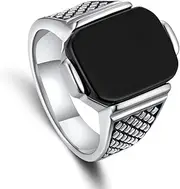 [Hyuhav] Mens Signet Ring Stainless Steel Silver Rings for Men Women,Emerald/Black Onyx/Ruby/Blue Gemstone Ring Wedding Ring Gift Package