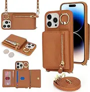 SunYoo for iPhone 14 Pro Crossbody Case with Card Holders Money Slots Zipper Coin Purse Rotatable Ring Kickstand Cover Wristlet Strap Lanyard Litchi Leather Wallet Flip Cover for iPhone 14Pro Brown
