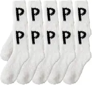 [Jaksairos] Fuzzy Slipper Socks For Women 5/10 Packs Letter Coral Fleece Sleep Socks Trendy High Leg Thickened Cozy Floor Socks