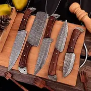 Handmade Damascus Steel Knife Set - Full Tang Chef Knife Roll Set with Cleaver, Fillet, Paring, Steak Knives - Perfect for Any Cook