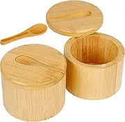 Bambo-o Salt Bottle Container With Lid And Spoon, Salt Cellar Seasoning Box, Wooden S pice Jar, Magnetic Swivel Lid Design, Convenient, 9x9x7cm, For Kitchen Use