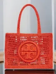 TORY BURCH ELLA HAND CROCHETED SMALL TOTE POPPY RED DOUBLE T LOGO NWT