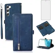[Asuwish] Phone Case for Samsung Galaxy S23 5G Wallet Cover with Tempered Glass Screen Protector and Wrist Strap Leather Flip Zipper Credit Card Holder Slot Cell S 23 23S GS23 G5 SM-S911U 6.1 inch Blue