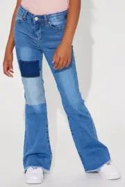 NWT 1st KISS Girls Size 7 Flare Denim Colorblock Patch Jeans - BlueWash