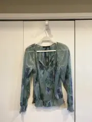 WHBM White House Black Market Long Sleeve Metallic Green Floral Peasant Top M