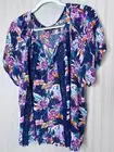 SIgnature Studio Womens TOP 3X Navy Blue PInk Floral Lace Fringe Pullover Boho