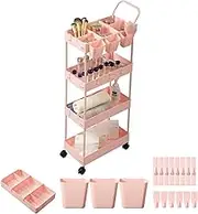 danpinera Narrow Storage Cart 4 Tier Bathroom Organizer Narrow Laundry Basket with Wheels Dividers Hanging Bags Hook Handle Makeup Eyelash Trolley Shelf Organizer Shelf Pink