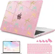 Mektron for 2025-2022 MacBook Air 13.6 inch Case M4 M3 M2，Model A3240 A3113 A2681 with Liquid Retina Display Touch ID，Printed Bright Hard Shell Cover for MacBook Air 13.6"，Gilitter Pink Colorful Bows