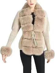 [Generic] Women Winter Knitted Cardigan Lace-Up Fur Collar Long Sleeve Pit Slim Elastic Sweater Coat