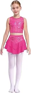 [inhzoy] Kids Girls Shiny Sequins Dance Outtfits Crop Tank Top with Mini Tiered Skirt Jazz Dance Costume