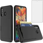 [Asuwish] Phone Case for Samsung Galaxy A20 A30 with Tempered Glass Screen Protector Cover and Credit Card Holder Stand Hybrid Cell Accessories Glaxay M10s A 20 30 Gaxaly 20A SM A205G Women Men Black
