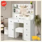 Whtie Makeup Vanity Dressing Table Stool 10 LED Mirror and 5 Drawers Cabinet