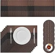 Neween 13PCS Placemats Heat-Resistant PVC Place Mats with Table Runner, Woven Non-Slip Table Mats and Coasters Set for Dining Table Home Restaurant (6 Placemats + 6 Coasters + 1 Table Runner, Brown)