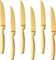 BYEGOU Gold Steak Knives Set of 6, Stainless Steel Serrated Kitchen Knife Set, Heavy Duty Dinner Knives for Cutting Meat, Beef, 8.6 Inch, Dishwasher Safe