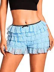 [ChiaoLezhee] Lace Ruffle Bloomers, Cute Bow Mini Shorts, Casual Going Out for Women, Layered Ruffled Bloomer