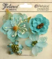 Mixed Textured Blossoms TEAL BLUE x 4 Fabric Mesh Flowers 35-60mm Petaloo C2b