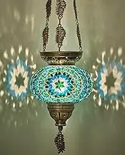 DEMMEX Turkish Moroccan Colorful Mosaic Bohemian Boho Hanging Candle Holder Lantern with Handmade Colorful Glass Globe and Metal Leaf Chains, 24" (Cutsie)