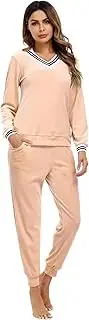 [Irevial] Women's Striped V Neck Velour Tracksuit Two Piece Sweatsuits Sets with Pocket