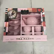 FAO SCHWARTZ Ceramic Kids Tea Party 9 Piece set Pink Polka Dot Gold Rim NIB
