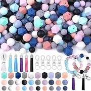 Vellibring 121 PCS Silicone Beads for Keychain Making Kit,12mm 15mm Round 14mm Polygonal Rubber Beads Multicolor Bulk Silicone Loose Beads for DIY Necklace Bracelet Jewelry Making Supplies