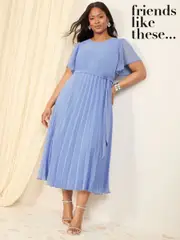Friends Like These Pale Blue Curve Angel Sleeve Chiffon Pleat Midi Dress (AR9343) | $166