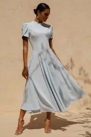 Vicky | Powder Blue High Neck Midi Dress With Puff Sleeves