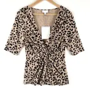 Witchery Blouse Top Womens Size S Animal Leopard Print 3/4 Sleeve Knot Front NEW