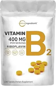 Micro Ingredients Vitamin B2 Riboflavin 400mg Serving, 200 Caplets, Premium Vitamin B2 Supplement, Promote Energy Production, No GMOs