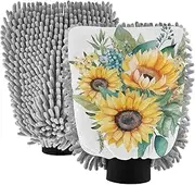 XYMZR Sunflowers White Absorbent Microfiber Car Wash Mitt, Funny Cute Anime Scratch Free for Cars Cleaning, Home Cleaning Mitts, 2 Pack, 10.24” L x 7.09” W