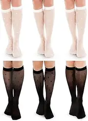 [Nogeqi] 6 Pairs Sheer Knee High Stockings for Women, Retro Lace Knee High Socks, Vintage Heart Bow Polka Dot Nylons Mesh Sheer Socks (Black, White)