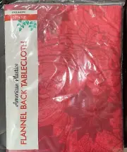 Vtg Flannel Back Vinyl Tablecloth Christmas Red Poinsettia 52"x 52" Square NOS