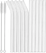 12 Reusable Borosilicate Glass Straws and Brushes, Measuring 7 Inches X 8 Millimeters, Including 5 Straight Pipes, 5 Elbows, and 2Brushes, Reusable Straw Brushes, for Juice, Coffee, and Cocktails
