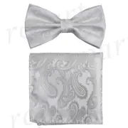 New Brand Q men's pre-tied bow tie_hankie paisley microfiber formal cream
