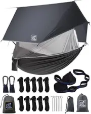 Camping Hammock with Net and Rain Fly, Portable Lightweight Outdoor Grey Bundle