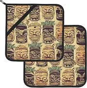 2 Pack Pot Holders for Kitchen Heat Resistant Potholders Vintage Aloha Tiki Pattern Pot Holders Set Washable Hot Pads with Loop Non Slip Potholders for Cooking Baking BBQ Microwave 8 x 8 Inch