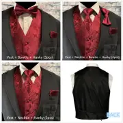 BURGUNDY Paisley Design Dress Vest / NeckTie / Bow tie / Pocket Square hankie