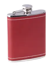 Bey-Berk 6oz Stainless Steel Red Leather & White Stitch Flask