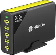 HUNDA 300W USB C Charger, 5 Ports GaN PD 3.0 Laptop Charging Station 100W Fast Charger Block for MacBook Pro/Air,iPhone 16 Pro Max/15, iPad Pro, Galaxy S24 Ultra,Pixel 9 Pro,HP,DELL,Tablets,Phones