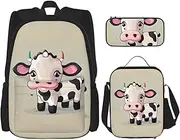 Cute White Cow Backpack With Lunch Box And Pencil Case 3 In,Kawaii Backpacks With Lunch Bag Matching Combo