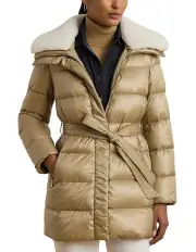 [Lauren Ralph Lauren] Faux-Shearling-Trim Belted Down Coat in Beige