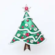 Christmas Tree Green Enamel Red Rhinestone Crystal Brooch Pin B758