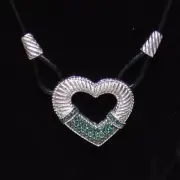Judith Ripka Sterling Silver & Pave Green CZ Heart on Leather Cord Necklace