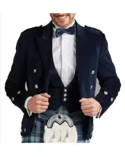 Mens Navy Blue Velvet Regulation Doublet Kilt Jacket With Vest