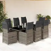 9 Piece Garden Bistro Set with Cushions Grey Poly Rattan,Outdoor Furniture Sets-3277041